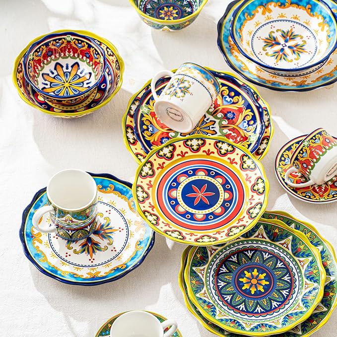 UNICASA Ceramic Soup Bowls Set, 16 oz Cereal Bowls Set of 4, Porcelain Colorful Bowls for Ramen, Dessert, Snack, Boho Style, Dishwasher & Microwave Safe