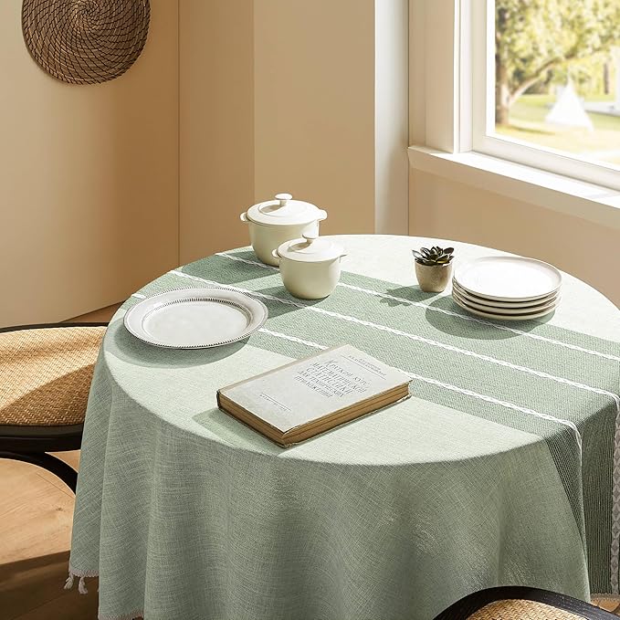 ZeeMart Contrast Linen Round Tablecloth 52 Inch Green, Farmhouse Style Round Table Cloth Heavy Weight Sage Green Tablecloths, Water Resistant Burlap Table Cloths