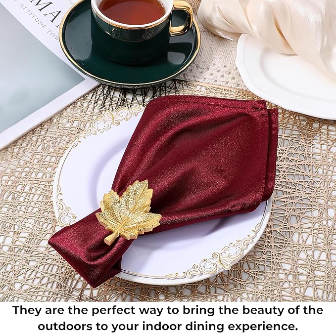 CLEENTABLE Maple Leaf Napkin Rings Set of 12 - Handcrafted Aluminum Napkin Holders for Cloth & Paper Napkins, Elegant Table Décor for Weddings, Thanksgiving, Christmas & Holiday Parties (Gold)