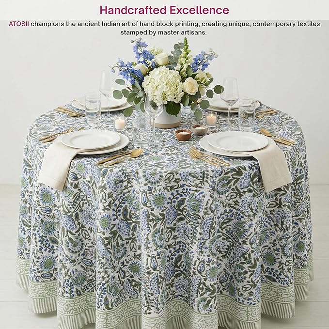 ATOSII Clover Blue 100% Cotton Round Boho Fall Tablecloth, Handblock Floral Table Cloth Linen for Kitchen Dining I Parties Wedding Outdoors Christmas Thanksgiving I 60" Inches Round I 4 Seater