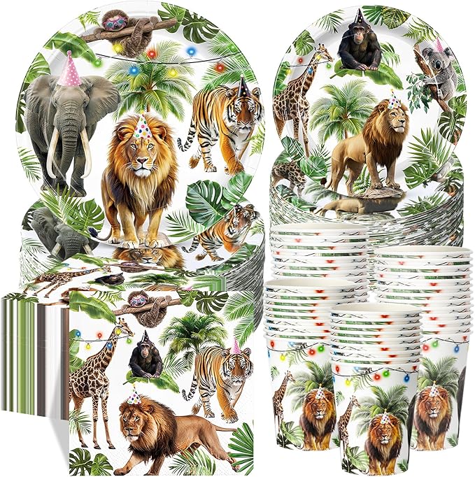 Pickmesh 250 Pcs Jungle Birthday Disposable Tableware Set Safari Animals Themed Disposable Paper Plates Napkins and Cups for Wild Animals Zoo Safari Baby Shower Birthday Wedding Party Supplies