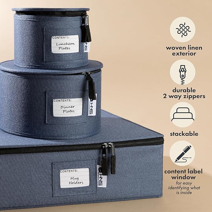 Salad Plates Storage Container - Hard Shell China Organizer with Dividers - Holds 12 Plates of 9" - Durable & Stackable Storage Box for Seasonal Dishware Protection - Denim Blue