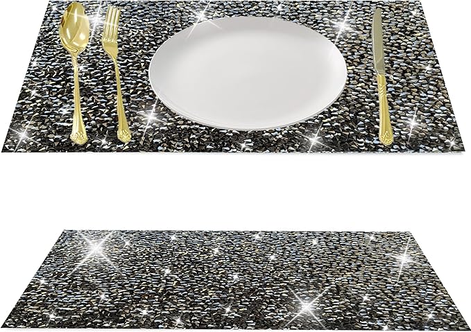 Black Square Placemats - Heat Resistant Mat Set of 4 with Rhinestone Decor and Sparkly Bling