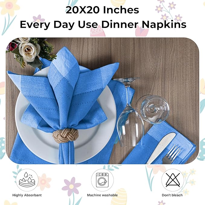 Bedding Craft Cotton Cloth Dinner Napkins Set of 12 – 20x20 Teal Blue Multi Double Hemstitched – Machine Washable Wedding & Party Fabric Table Napkins
