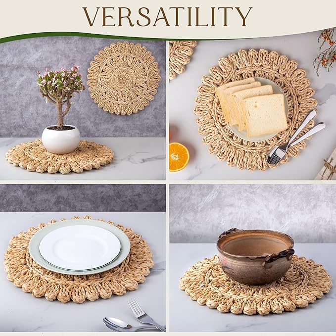 13.8" Corn Husk Woven Round Placemats Set of 12 - Wicker Boho Farmhouse Placemats - Rattan Table Mats Like Water Hyacinth for Dining Table, Wedding, Home, Christmas, Party
