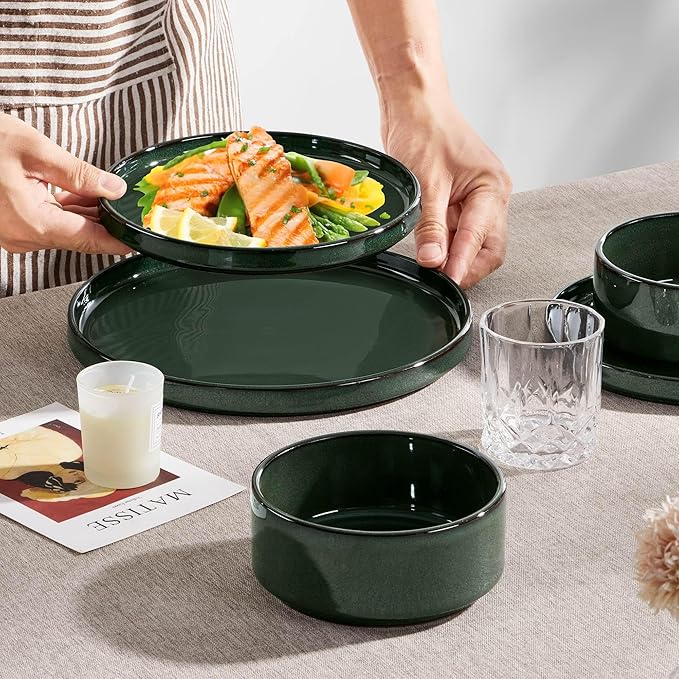 Herogo Plates and Bowls Dinnerware Sets for 8, 24 Pieces Ceramic Stoneware Dinner Dishes Set, Rustic Terracotta Bottom, Dishwasher & Microwave Safe, Dark Green