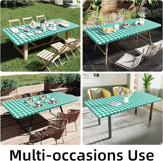 Smiry Rectangle Picnic Table Cloth, Elastic Waterproof Fitted Vinyl Tablecloths, Flannel Backed Buffalo Plaid Table Covers for Dining, Camping, Outdoor (White and Green, 30" x 72")