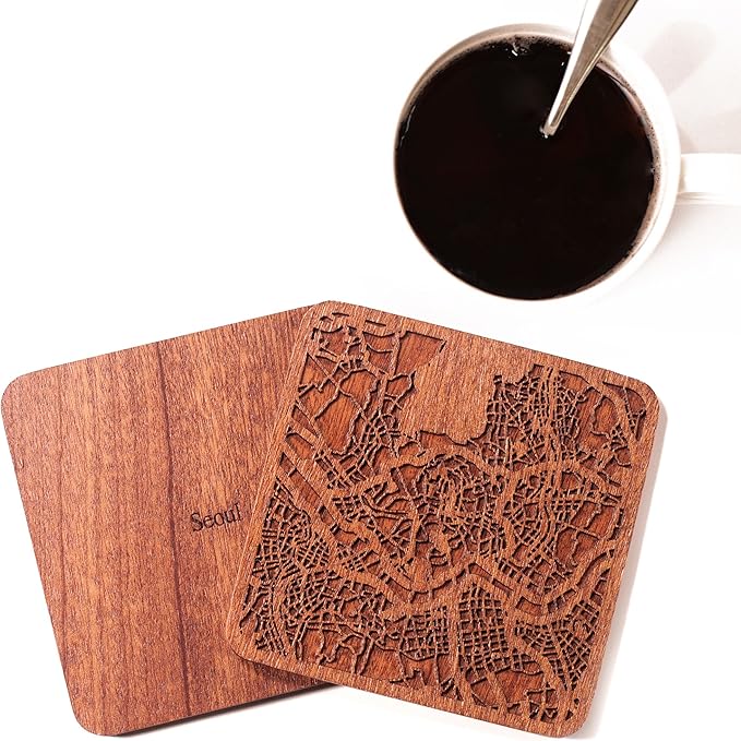 Seoul Map Coaster by O3 Design Studio, Set Of 4, Sapele Wooden Coaster With City Map, Handmade