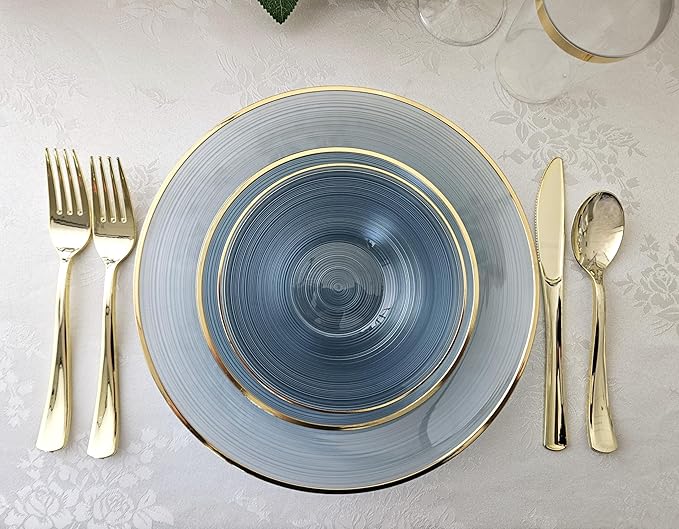 " OCCASIONS " 240 Plates Pack,(120 Guests) Premium Wedding Party Disposable Plastic Plates Set -120 x 10'' Dinner + 120 x 7'' Salad/Dessert (Belize in Blue & Gold)