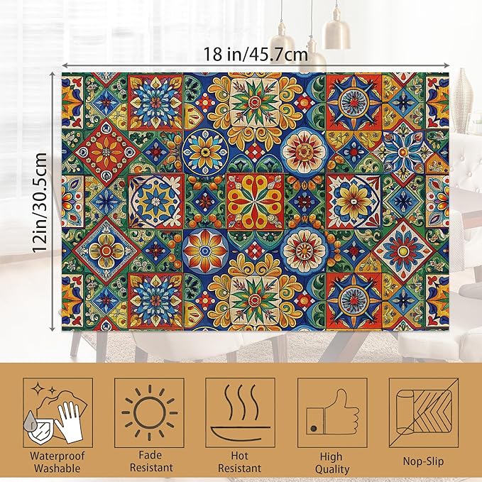 Mexican Tile Placemats Set of 6,Geometric Floral Table Mates Non-Slip Heat Resistant Washable Linen Place Mats for Party Kitchen Dining Decoration Indoor Outdoor 12"x18"
