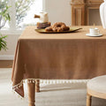 Linen Tablecloth with Tassels, Farmhouse Style Brown Tablecloth, Water Resistant Burlap Tablecloths for Rectangle Table, 60x120 Inch Caramel