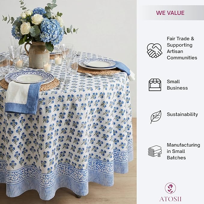 ATOSII Gulbahar Blue 100% Cotton Fall Round Tablecloth, Handblock Print Floral Table Cloth for Kitchen Dining Linen I Thanksgiving, Christmas, Weddings, Outdoors, Parties I 72" Inches Diameter