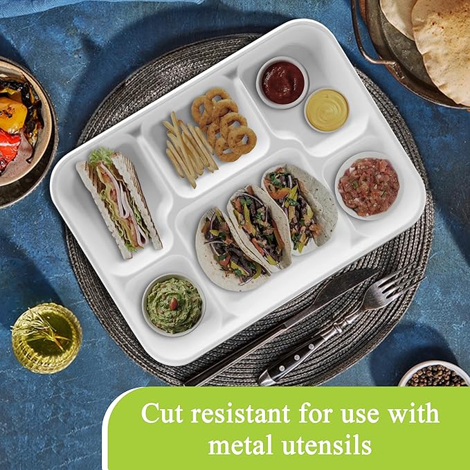 three leaf 6 Compartment Bagasse Tray 400 Ct. Heavy Duty, Super Strong,Eco Friendly Disposable Bagasse Plates,100% Biodegradable Plates, Microwave and Freezer Safe, Ideal for Party, Dinner and Picnic