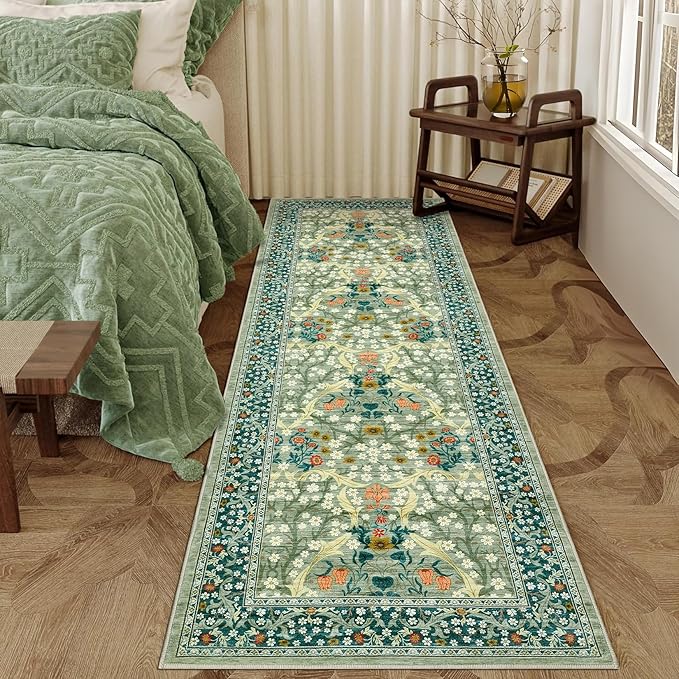GarveeHome Floral Hallway Runner Rug Non-Slip, 2.5x10 Washable Rugs Ultra-Thin Soft Rug for Hallways, Kitchen Mat Stain Resistant Carpet for Entryway Bathroom, Sage Green