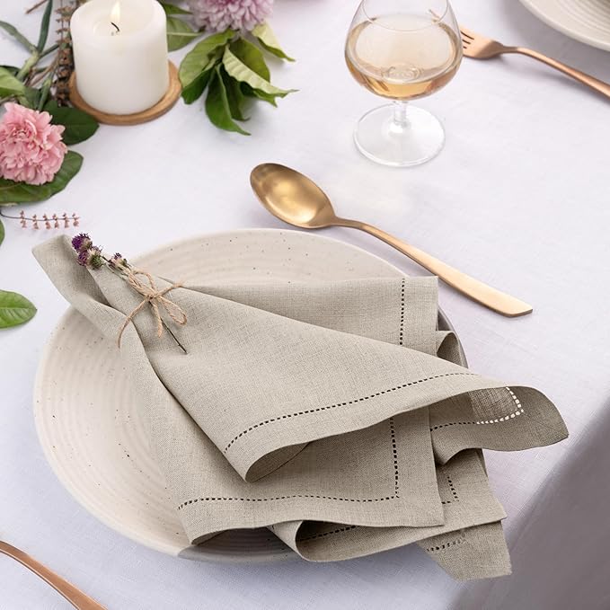 D'Moksha Homes Natural Linen Napkins Set of 8 - Classic Hemstitch 100% Pure Linen Hemstitch Dinner Napkins 20 x 20 Inch for Valentines, Spring, Easter - Handcrafted and Machine Washable