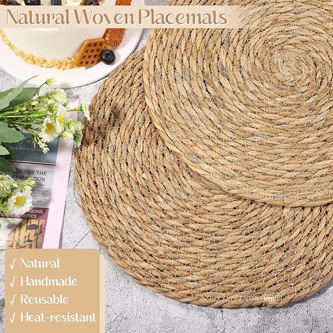 Aneco 36 Pack 13.8-Inch Round Woven Placemats Natural Hand-Woven Boho Rattan Wicker Bulrush Placemat Farmhouse Rustic Braided Table Mats for Dining & Kitchen Decor