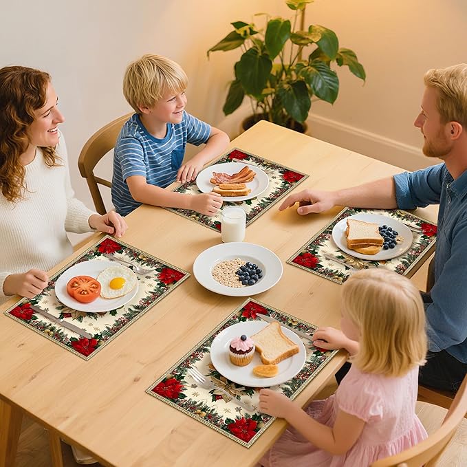 Christmas Poinsettias Placemats Set of 4 Washable Table Place Mats for Dining Kitchen Party Decor