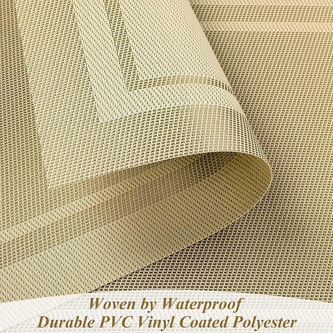 SHACOS Woven Plastic Placemats Set of 4 Wipe Clean Heat Resistant Place Mats for Dining Table PVC Weave Table Mats Indoor Outdoor (4, Frame Beige)