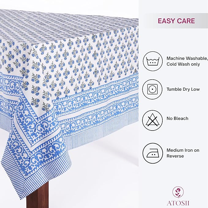 ATOSII Gulbahar Blue 100% Cotton Fall Rectangle Tablecloth, Handblock Print Floral Table Cloth for Kitchen Dining Linen I Thanksgiving Christmas Weddings Outdoors I 72 X 108 Inches I 8 Seater