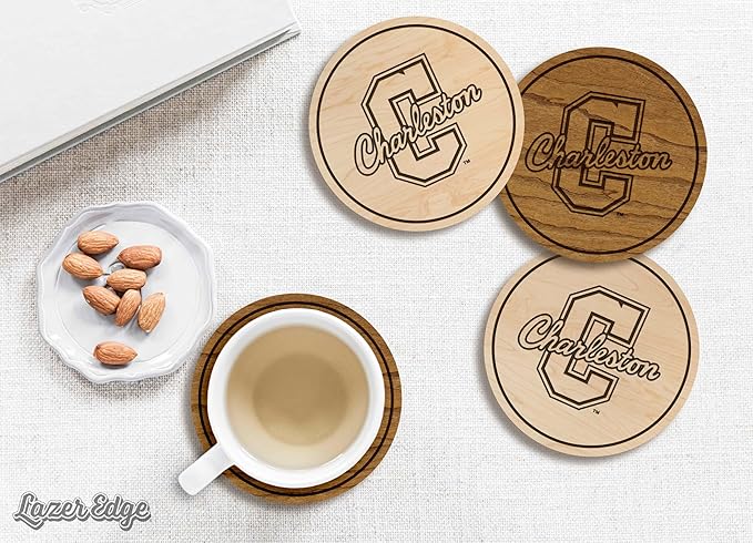LazerEdge College of Charleston Cougars Wooden Coaster Set - Cherry Wood - Officially Licensed Product - 4-Pack