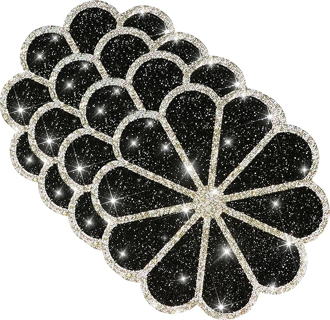 Washable Waterproof Diamond Circle Placemats for Round Tablescape Decor for Dinner and Kitchen Bling Placemats for Weddings & Special Events (Black)-4PCS