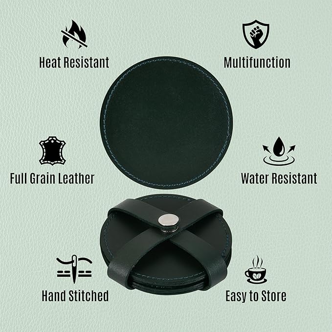 Genuine Leather, Premium Table Coasters by Leatherific, Round, 4 inch, Set of 6, with Holster, Handcrafted, Hand Made, Non Slip Drink Mats, Green (Forest Green, 4")