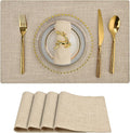 SLKQG Beige Linen Fabric Placemats Set of 4, Heat Resistant & Machine Washable Double-Layered Cloth Placemats for Dining Table, Indoor/Outdoor Use, Non-Slip Kitchen Table Mats (4, Beige Cream)
