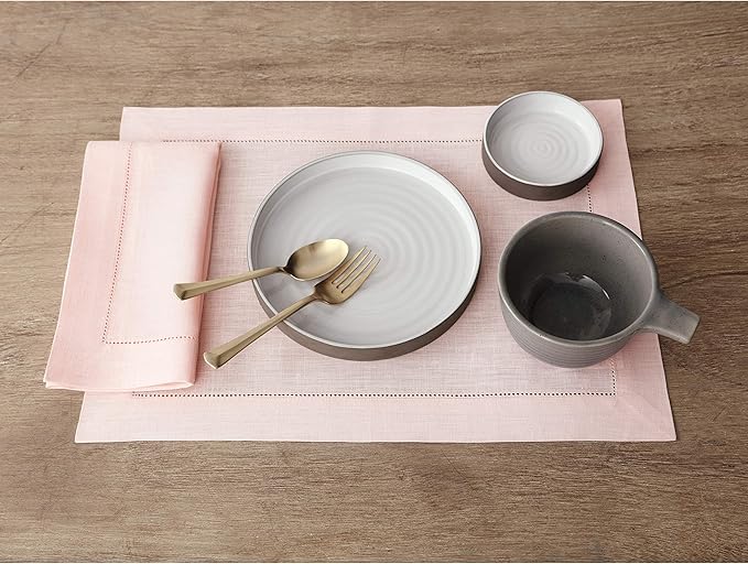 Solino Home Linen Cloth Placemats Set of 6-100% Pure Linen Hemstitch Pink Placemats 14 x 19 Inch - Classic Hemstitch Table Place Mats for Valentines, Spring, Easter