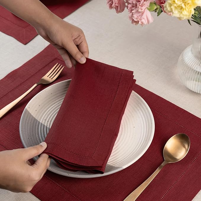 D'Moksha Homes Dark Red Linen Napkins Set of 4 - Classic Hemstitch 100% Pure Linen Hemstitch Dinner Napkins 20 x 20 Inch for Valentines, Spring - Handcrafted and Machine Washable