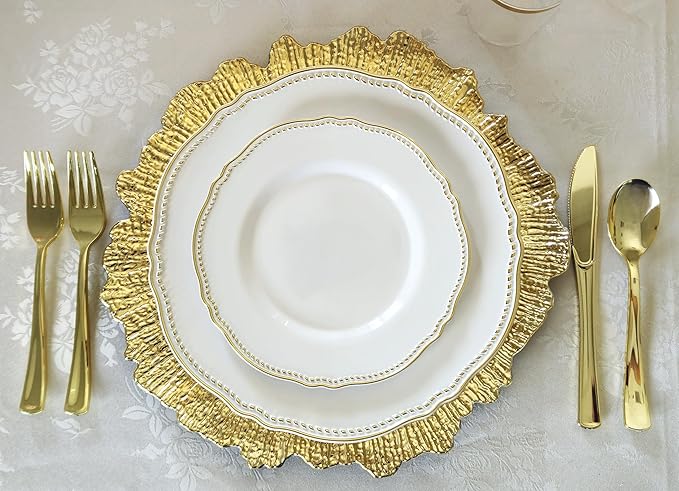 " OCCASIONS " 50 Plates Pack (25 Guests)-Heavyweight Wedding Party Disposable Plastic Plate Set -25 x 10.25'' Dinner + 25 x 7.5'' Salad/dessert plates (Rochelle White and Gold)