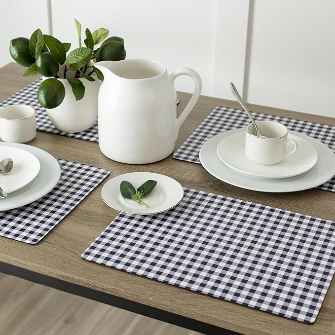 Benson Mills Cork Placemats Set of 4, Thick Cork Place Mats for Kitchen and Dining Tables, Easy Clean Table Mats (12" x 16" Rectangular Set of 4, Gingham Check Navy)
