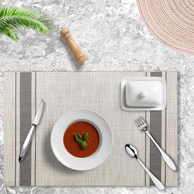 Placemats Set of 4 Vinyl Washable Gray Placemats, 18"x12" Wipeable Heat-Resistant Non-Slip Easy Clean Table Mats Ideal for Dining Table Table Runner and Outdoor(4, Grey Wide Stripe)