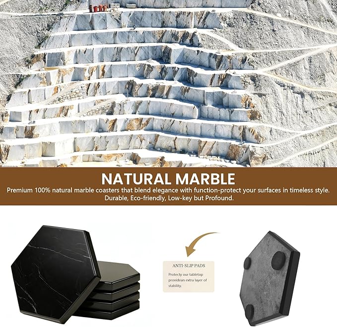 Natural Marble Coasters, Hexagonal Costers, Luxury Aesthetic Modern Decor for Coffee Table Bar Kitchen Home, Black Marble, Real Natural Semi Absorbent Stone Coasters