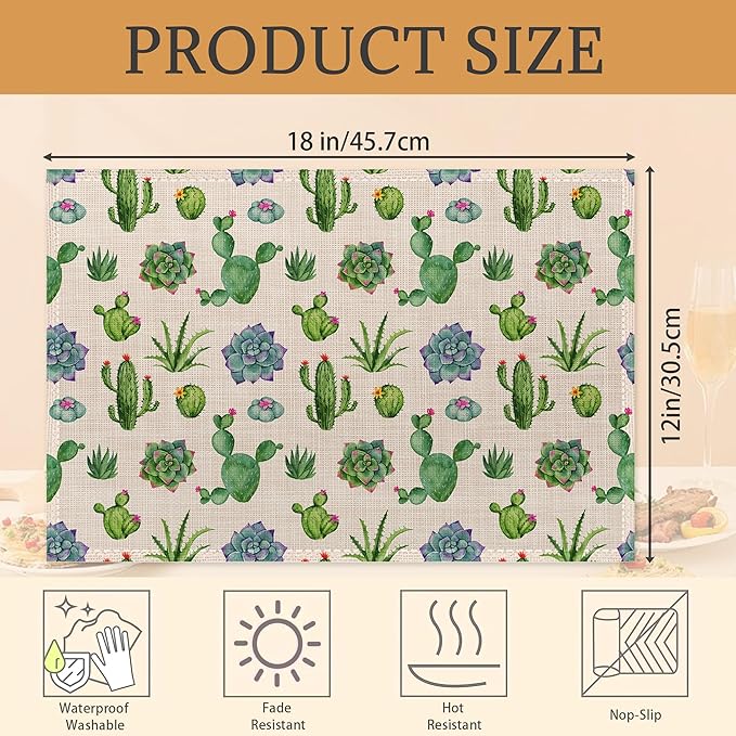 Cactus and Succulent Watercolor Placemats Set of 6 Washable Table Mats for Kitchen Dining Table,Heat-Resistant Place Mats for Indoor Outdoor Party Holiday Decoration