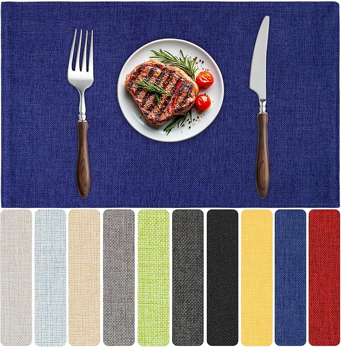 Blue Forest Placemats Set of 4, Dual-Layered Thickened Faux Linen Table Mats Heat Resistant Machine Washable Wrinkle Free Place Mats for Kitchen Dining Outdoor/Indoor (NavyBlue)