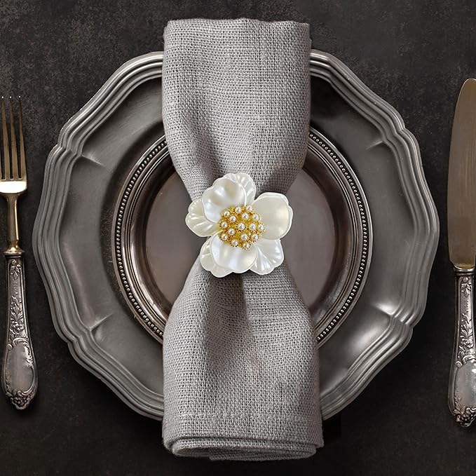 Decozen Set of 8 White Gold Napkin Rings in Floral Design, Festive, Table Decor Setting for Holiday, Wedding, Birthday, Kitchen, Home Decor, Housewarming Gift - Mothers Day Decorations