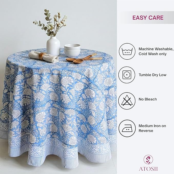 ATOSII Azora Blue 100% Cotton Round Spring Tablecloth, Handblock Print Floral Table Cloth for Kitchen Dining Linen I Parties, Weddings, Outdoors, Easter Holidays I 60" Inches Round