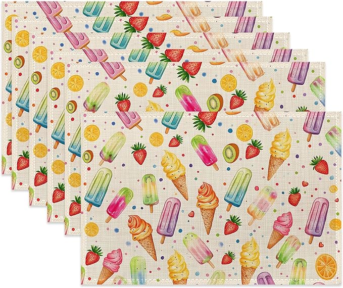 Summer Ice Cream Cloth Placemats,Fruits Popsicle Heat-Resistant Table Placemats Set of 6, Washable Linen Place Mats for Dining Room Table Decor Home Restaurant Cafes Holiday Party 11.8x17.7 Inch