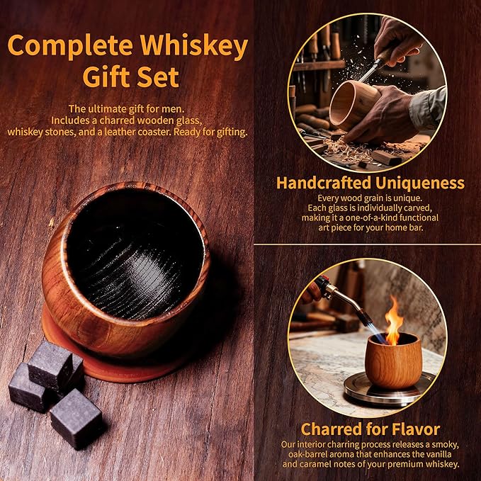 Charred Wooden Whiskey Glass 10oz | Handcrafted Old Fashioned Tumbler with Stones & Coaster | Bourbon Gift Set for Men, Dad, Husband (1 Pack)
