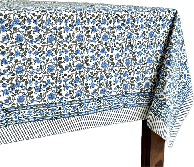 ATOSII Lake Como 100% Cotton Square Summer Tablecloth, Block Print Floral Linen Table Cloth for Kitchen Dining Table I Parties Weddings Outdoors I 60 X 108 Inches I 8 Seater I
