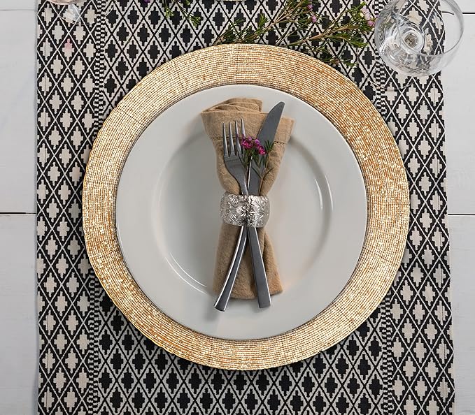 Lightnpro Handmade Beaded Placemats Set of 4 - Round Charger Mats - Farmhouse Style Table Decor for Dining, Wedding, Holiday, and Special Occasions - Elegant Glitz Table Setting - 13 Inch Gold