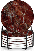 Emerson Coasters for Drinks Absorbent – Natural Stone Drink Coasters Set with Holder, Coasters for Coffee Table, Wooden Tabletop Protection Marble Style – 100% Heavy Duty Set of 6 (Ruby)