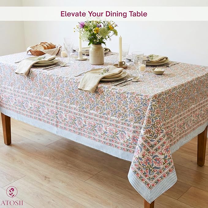 ATOSII Kalina 100% Cotton Fall Rectangle Tablecloth, Handblock Print Floral Table Cloth for Kitchen Dining Linen I Weddings Outdoors Easter Spring Summer I 72 X 108 Inches I 8 Seater