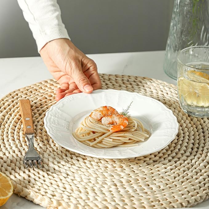 Neaylfe 8 Piece Embossed Ceramic Appetizer & Dessert Plates, 7.4 Inch White Round Dinner Plates for Salad, Snack, White Kitchen Dinnerware Dishes Set, Dishwasher & Microwave Safe