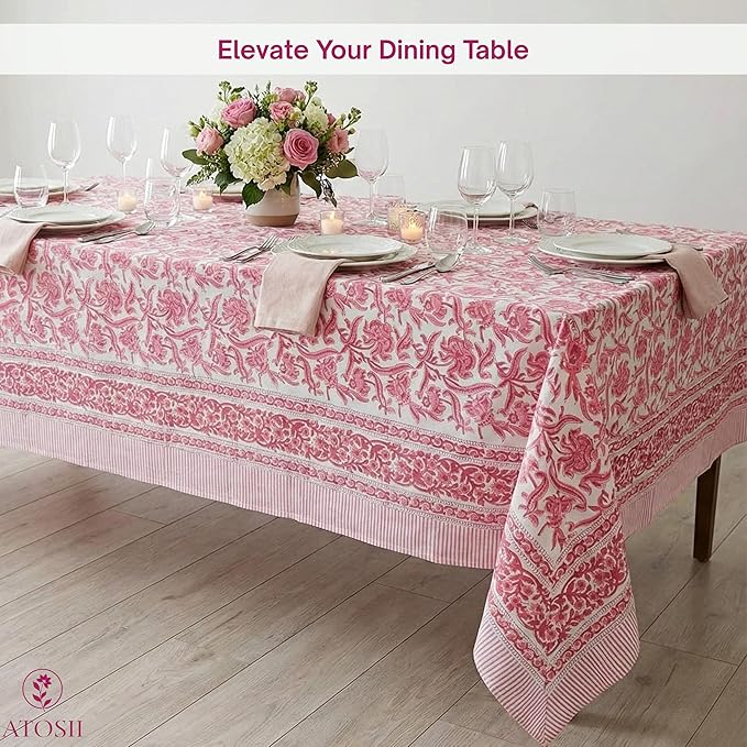 ATOSII Red Bloom 100% Cotton Tablecloth, Handblock Print Rectangle Table Cover for Kitchen Dining I Tabletop Linen I Parties, Wedding, Spring Summer Table Cloth 60 X 90 Inches