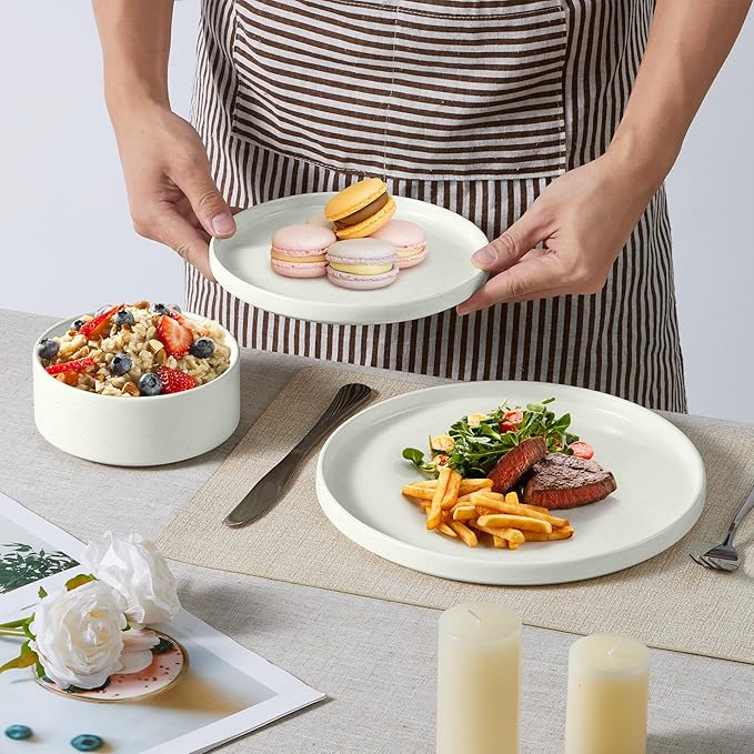 E-far 16-Piece Plates and Bowls Sets - Stoneware Dinnerware Sets with Pasta Bowls for 4 | Microwave & Dishwasher Safe Kitchen Modern Dish Set, Speckled White