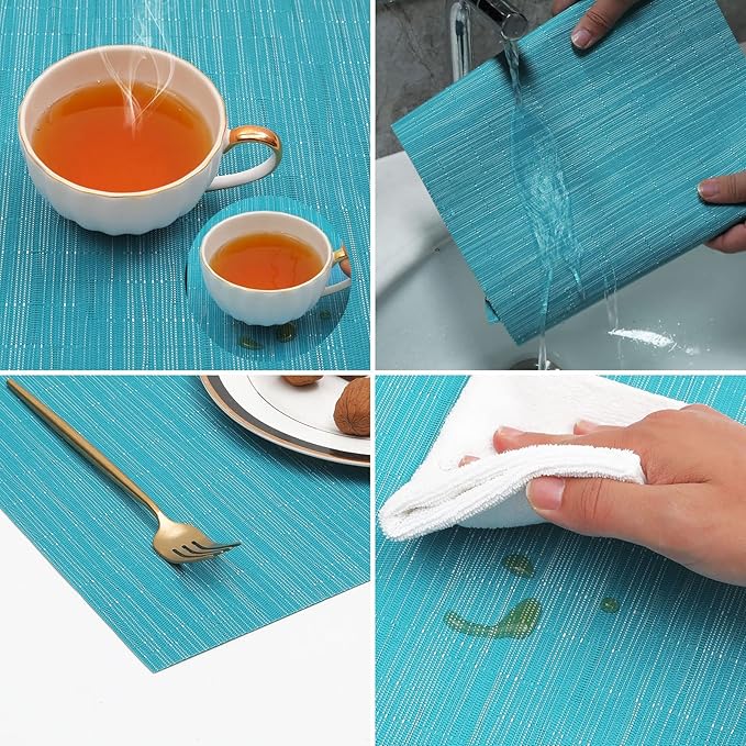 SHACOS Woven Vinyl Placemats Set of 4 Wipe Clean PVC Heat Resistant Place Mats Durable Waterproof Stain Resistant Indoor Outdoor Table Mats (4, Teal Blue)