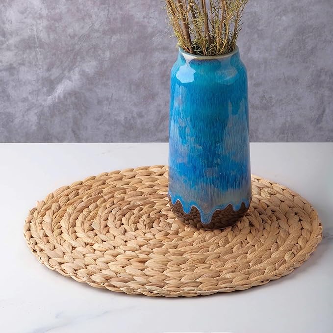 12" Water Hyacinth Woven Round Placemats Set of 6 - Wicker Boho Farmhouse Placemats - Rattan Table Mats for Dining Table, Wedding, Home