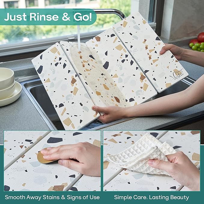 Stone Drying Mat For Kitchen Counter, Diatomaceous Stone Dish Drying Mat For Kitchen - Quick Drying Dish Mat - Water Absorbing Stone Tray, Foldable, Eco-Friendly, Terazzo Design (23.5 x 15.4")