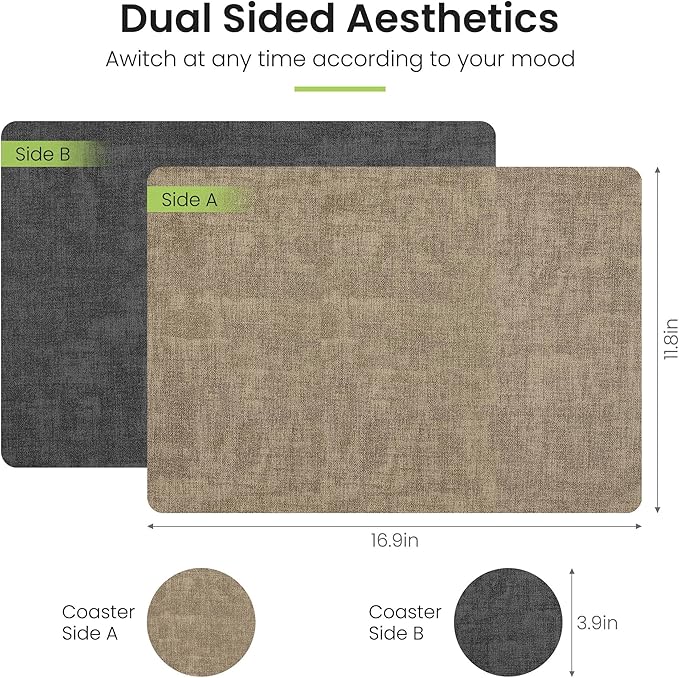 Placemats Set of 4, Faux Leather Heat Resistant Wipeable Placemats, Dual Sided Waterproof Washable Table Mats with Coaster, Suitable for Kitchen, Dining, Table Decor (4, Black Light Coffee)